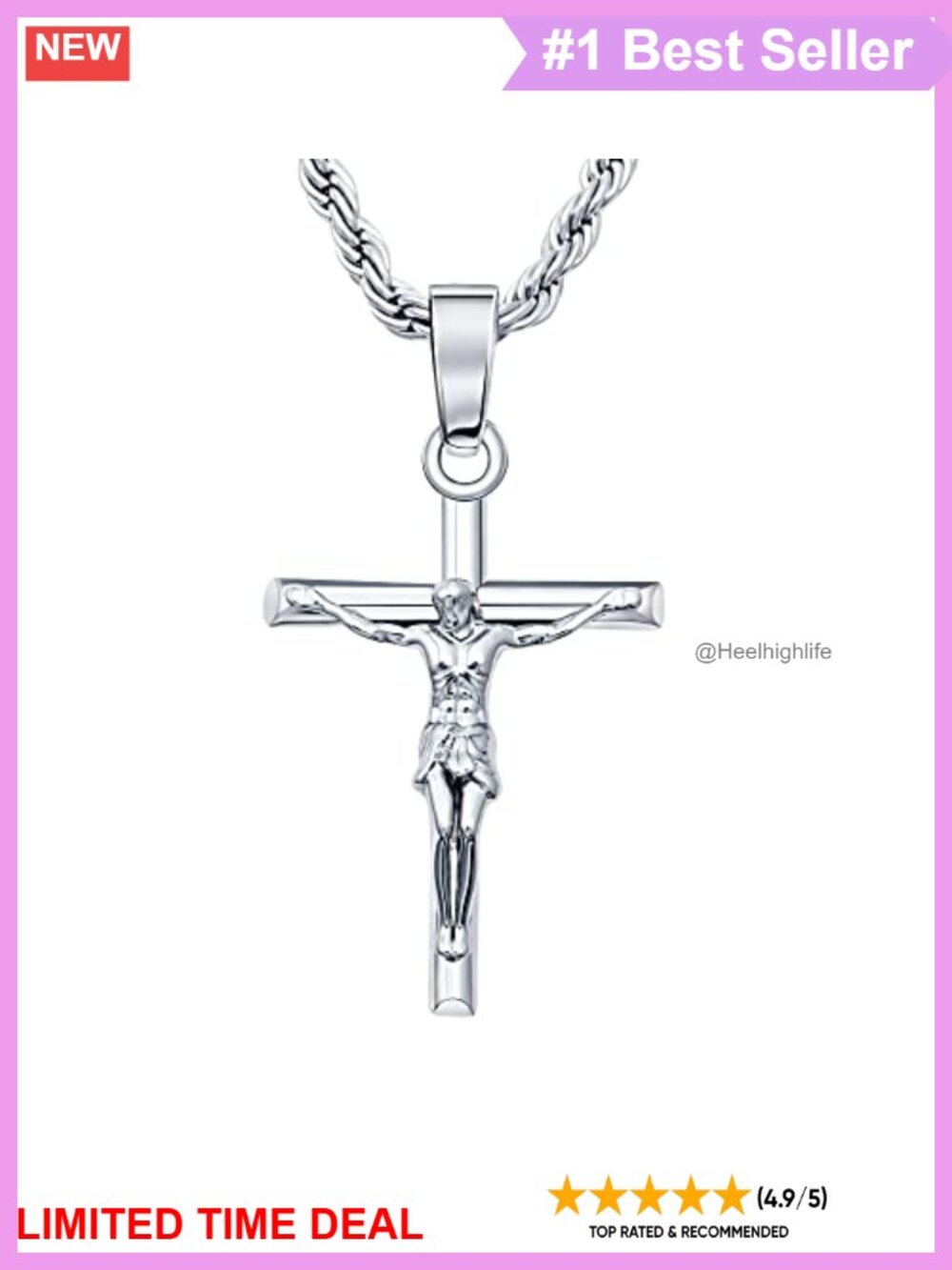 18K Gold Plated Crucifix Cross Necklace 3mm 22" Rope Chain